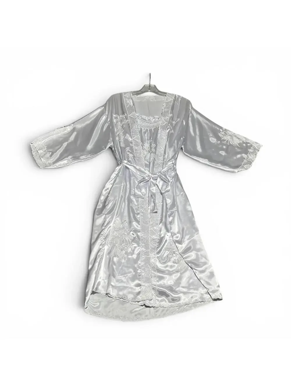 Vintage Silver Satin Lace Trim Robe and Nightgown Set